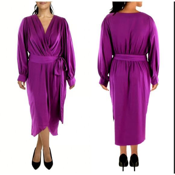 NWT! City Chic Plus Size 20 Satin Long Sleeves Midi Wrap Dress Magenta Purple L - Picture 1 of 10